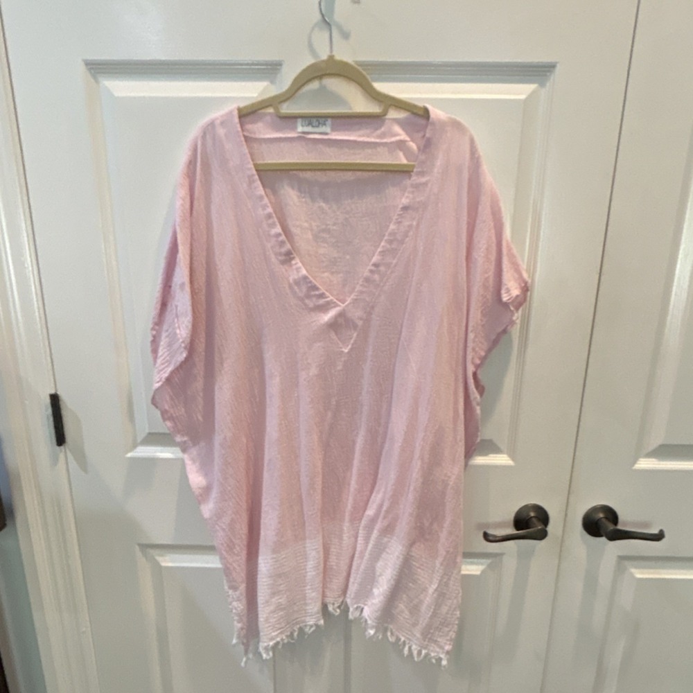 LUALOHA Pink Cotton Fringe Sleeveless Beach Cover Up One Size Women